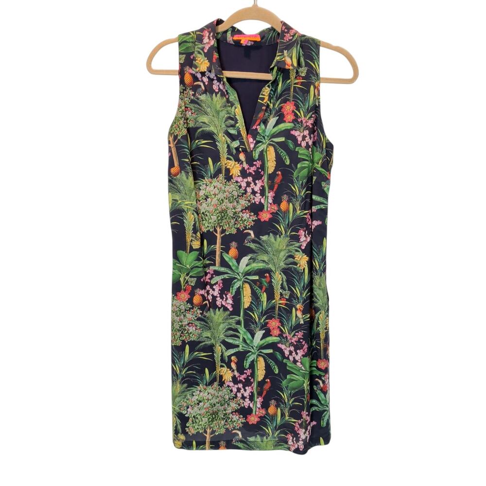 Vilagallo Womens Sz 40 EU US 8 Tropical Shirt Dress Sleeveless Navy Green Cotton